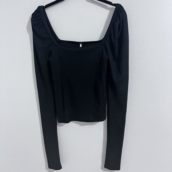 Free People Ribbed Top Size S Black Long Sleeve Gothic Ballet Square Neck Blouse - Picture 1 of 8